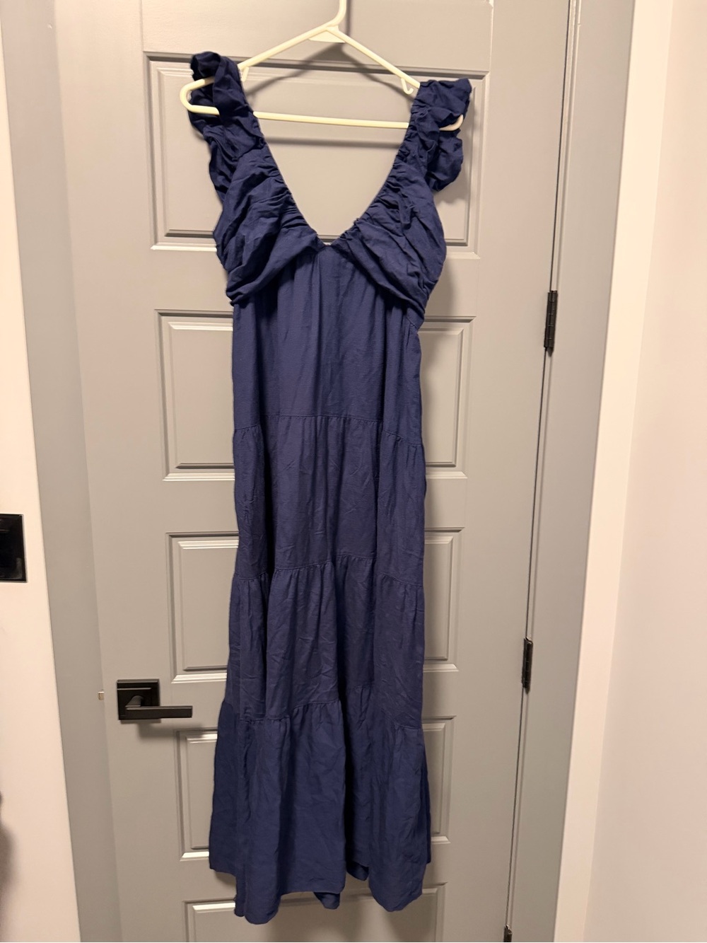 Jason Wu Navy Linen-Blend Tiered Maxi Dress LARGE